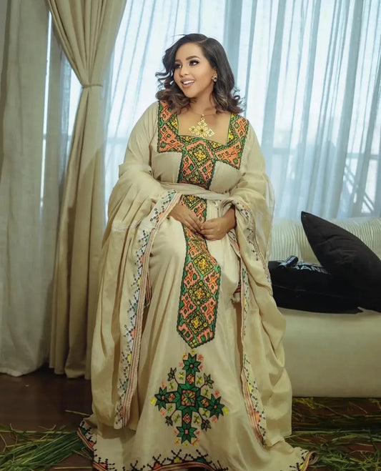 Elegant Habesha Kemis - Traditional Ethiopian Dress with Black & Gold Embroidery Bezawit
