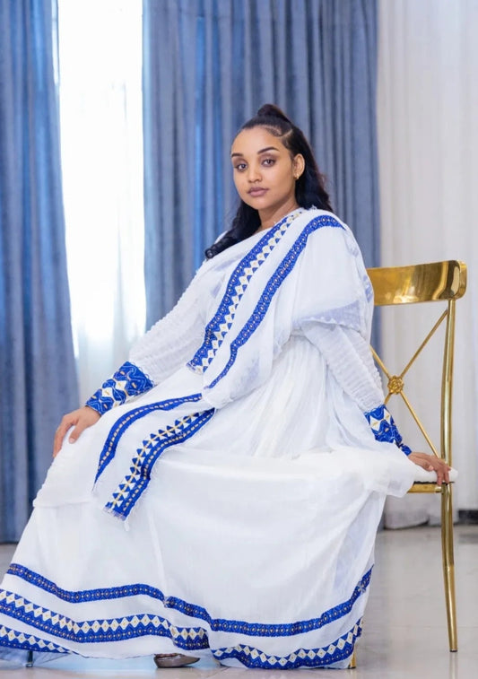 Modern Habesha Dress for Women - Stylish White Zuria with Blue & White Pattern Bezawit