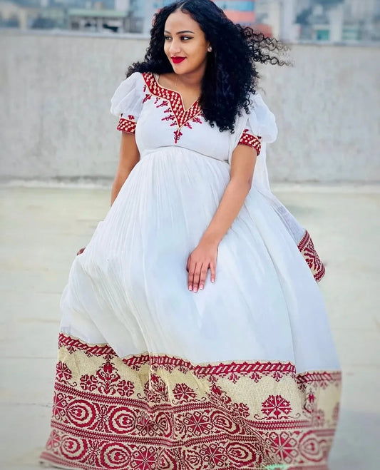 Traditional Ethiopian Habesha Dress for Women - White Habesha Kemis with Red Tibeb Bezawit