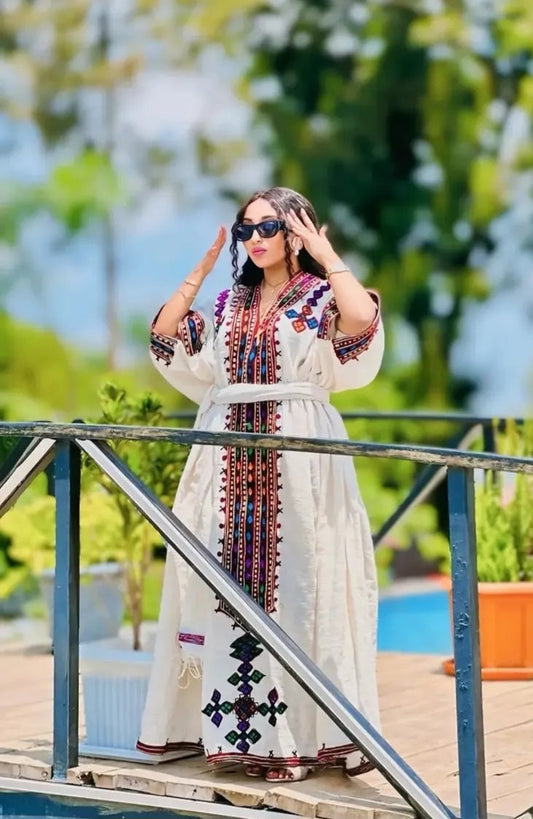 Handmade Gonder Fetel Habesha Dress - Traditional Ethiopian Timket Attire Bezawit