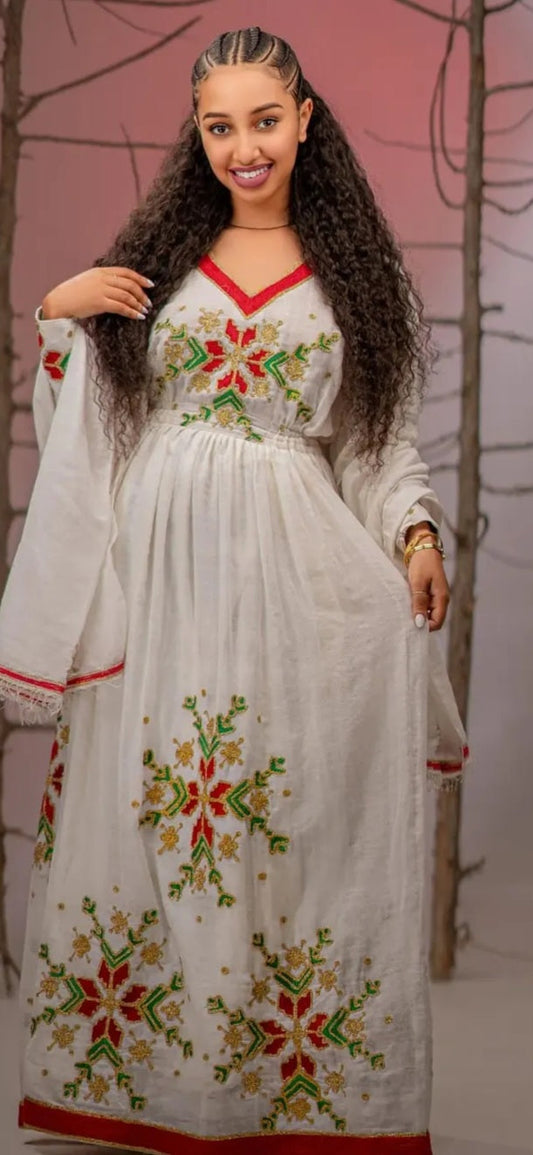 Elegant Habesha Dress for Women - white dress with red and green embroidery Bezawit