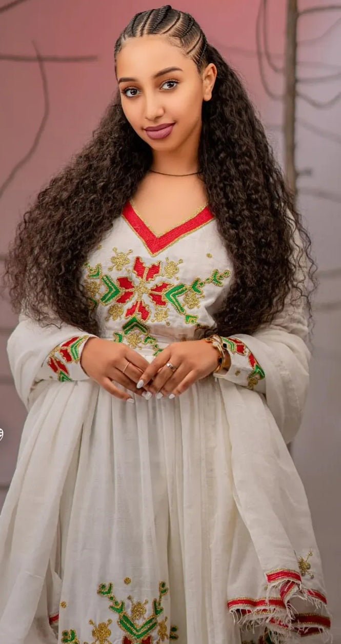 Elegant Habesha Dress for Women - white dress with red and green embroidery Bezawit