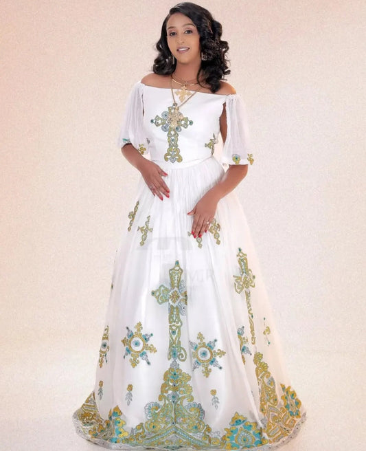 Custom Habesha Dress for Weddings- off-shoulder white dress with large cross embroidery Bezawit