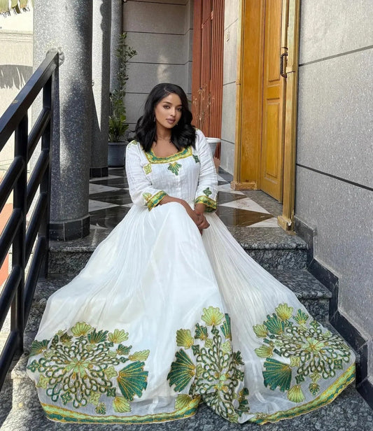 Modern Habesha Dress for Women - Stylish Ethiopian Traditional Attire with Green & Gold Bezawit