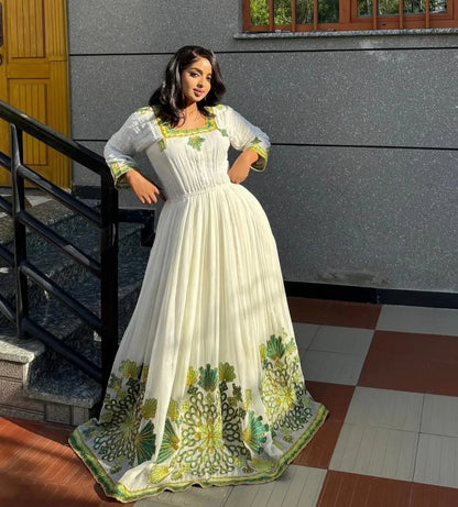 Modern Habesha Dress for Women - Stylish Ethiopian Traditional Attire with Green & Gold Bezawit