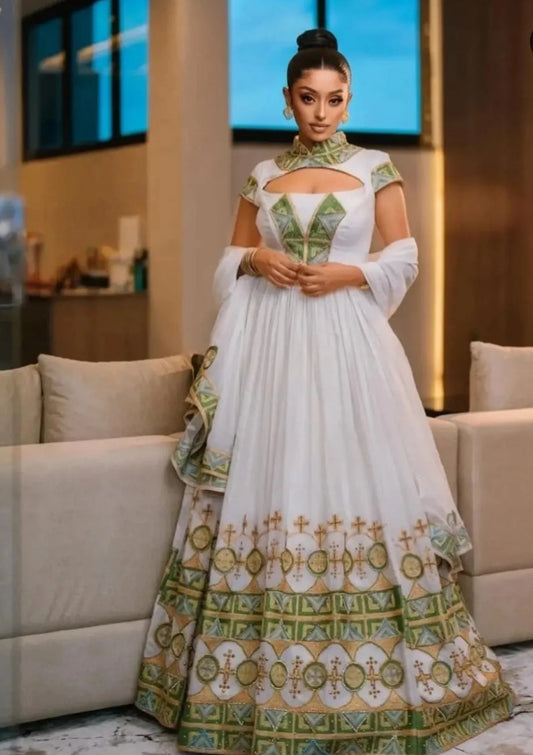 Modern Habesha Wedding Dress  - Stylish Ethiopian Cultural Dress with Cutout Detail Bezawit