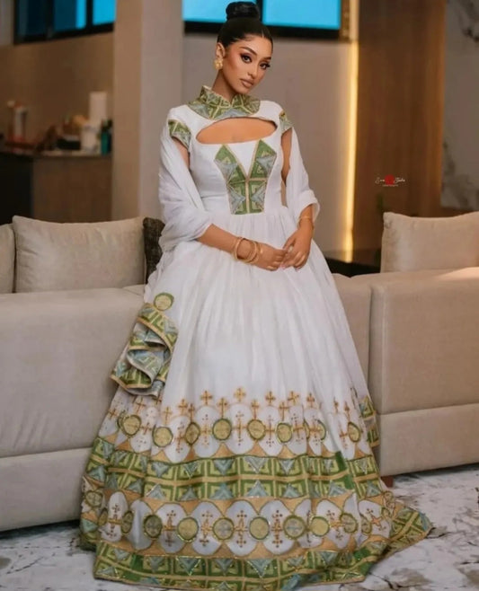 Modern Habesha Wedding Dress  - Stylish Ethiopian Cultural Dress with Cutout Detail Bezawit