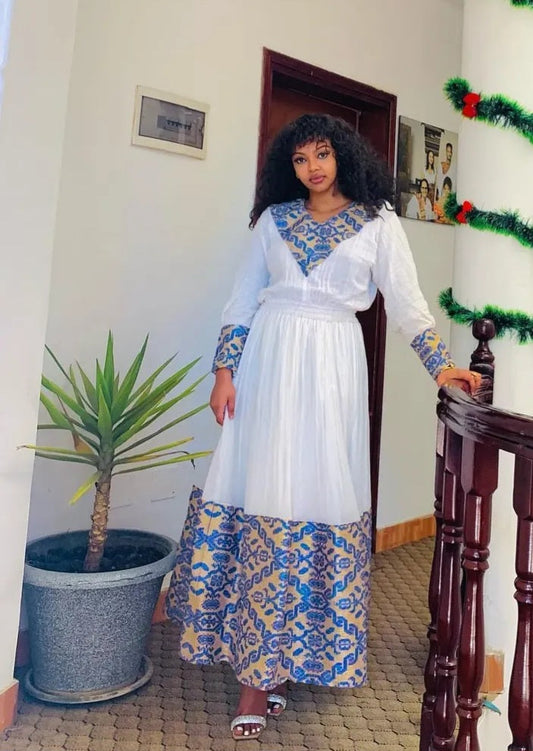 Elegant Traditional Ethiopian Habesha Dress - Handwoven Zuria with Blue & Gold Patterns Bezawit