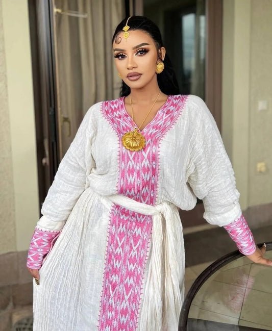 Handmade Traditional Habesha Kemis Dress - Ethiopian Zuria with Pink Tilet | Free Worldwide Shipping Bezawit