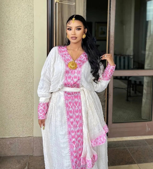 Handmade Traditional Habesha Kemis Dress - Ethiopian Zuria with Pink Tilet | Free Worldwide Shipping Bezawit