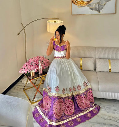 Modern Wedding Dress - Ethiopian Wedding Gown | Zuria with Purple & Pink Design Bezawit