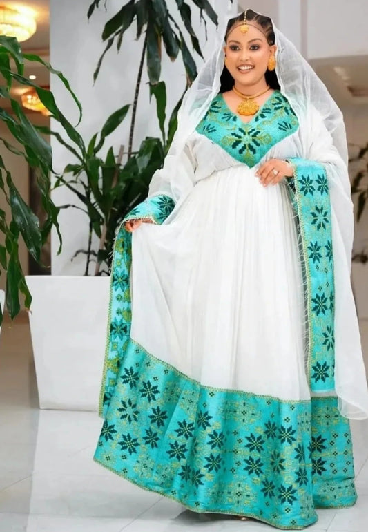 Elegant Traditional Ethiopian Habesha Dress - Zuria with Teal & Gold Floral Design Bezawit