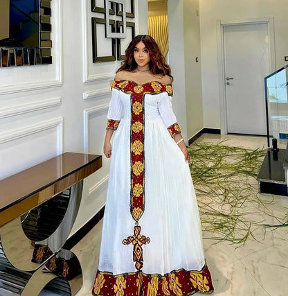 Elegant Off-Shoulder Habesha Dress - Ethiopian Cultural Dress with Bold Cross Design Bezawit