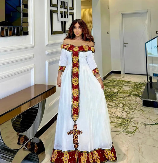 Elegant Off-Shoulder Habesha Dress - Ethiopian Cultural Dress with Bold Cross Design Bezawit
