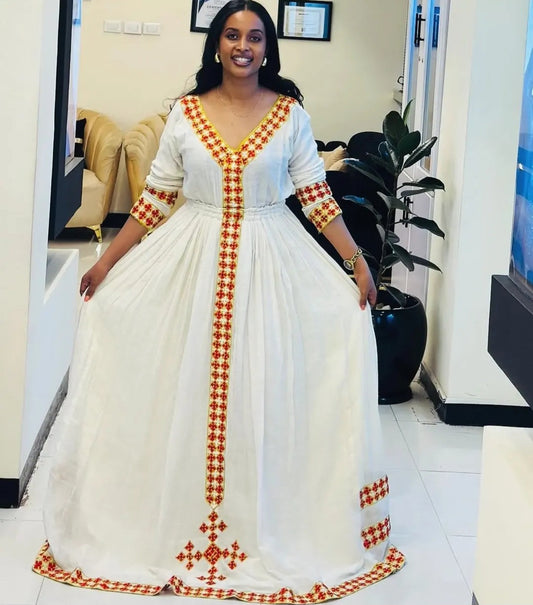 Custom Ethiopian Habesha Kemis Dress - Handmade White Zuria with Red & Gold Tilet Bezawit