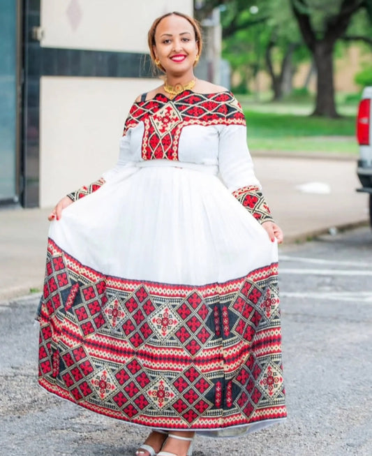 Striking White & Deep Red Ethiopian Dress for simple Celebrations Bezawit