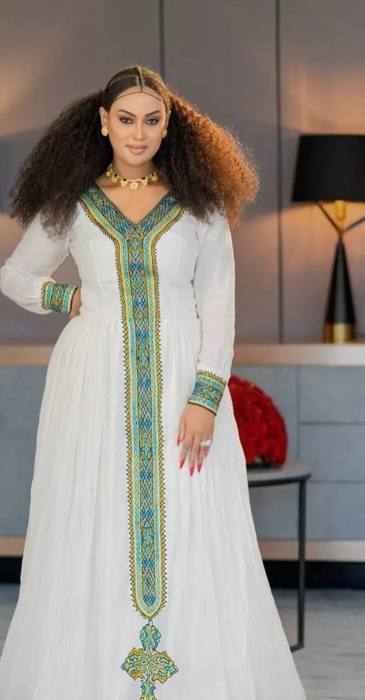 Royal White & Emerald Green Traditional Ethiopian Dress for Grand Events Bezawit