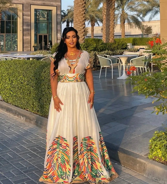 Fresh White & Light multicolor Modern Habesha Dress for Bright Days Bezawit