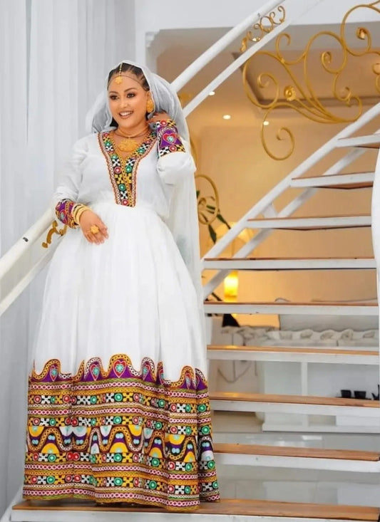 Classic Custom Habesha dress with Bright Red & Gold Details Bezawit
