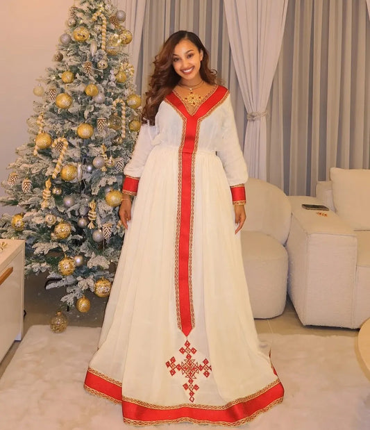 Custom White Habesha Dress with Red & Gold Tilet | Free Shipping Bezawit