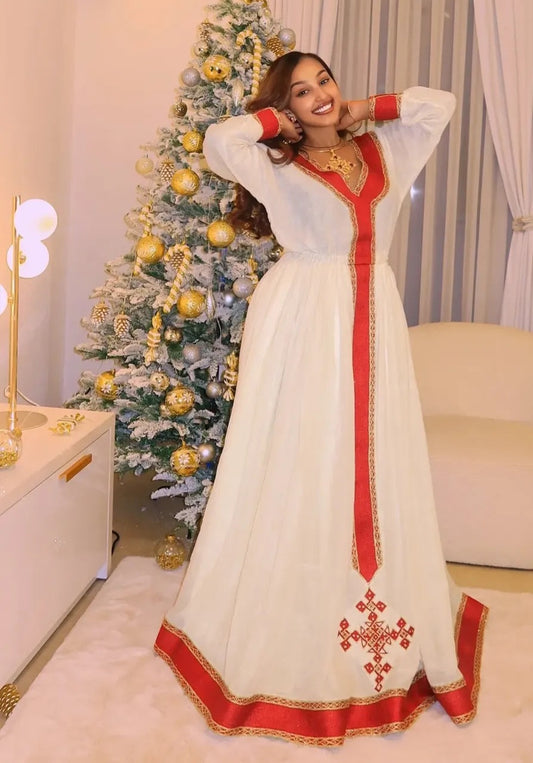 Custom White Habesha Dress with Red & Gold Tilet | Free Shipping Bezawit