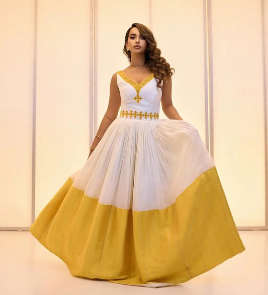 Warm Sunny yellow & Gold: Handmade Habesha dress Bezawit