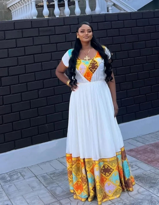 Fresh White Modern Ethiopian Dress with Orange & Gold Bezawit