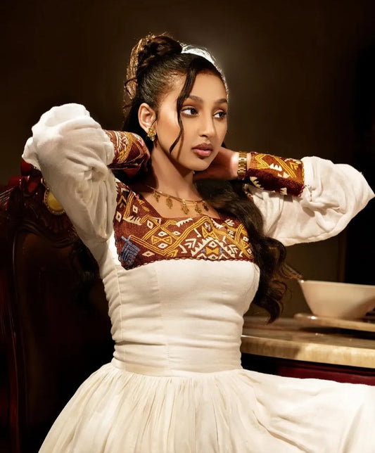 Grand Modern Habesha Dress with Cranberry Red & Gold for special event Bezawit