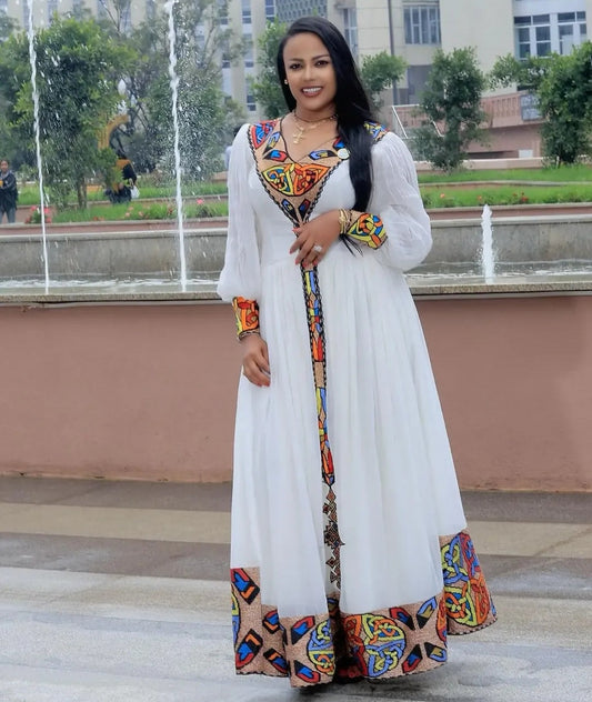 Lively White Ethiopian Dress Cultural Attire Royal Beige & Gold Bezawit