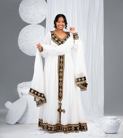 Classic Habesha Kemis Outfit - Traditional Ethiopian Dress with Black & Gold Embroidery Bezawit