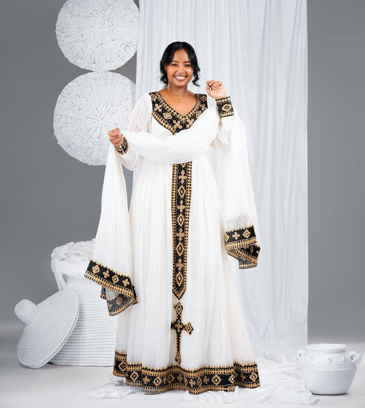 Classic Habesha Kemis Outfit - Traditional Ethiopian Dress with Black & Gold Embroidery Bezawit