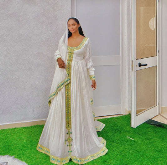 Classic Habesha Kemis for Women - Traditional Ethiopian Dress with yellow & Gold Trim Bezawit