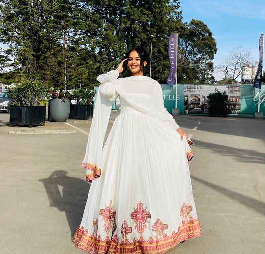 Traditional Ethiopian Habesha Kemis Dress - Handmade White Zuria with Red & Gold Borders Bezawit