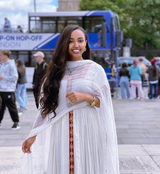 Modern Ethiopian Habesha Dress for Women - Stylish Zuria with Colorful cross Embroidery Bezawit
