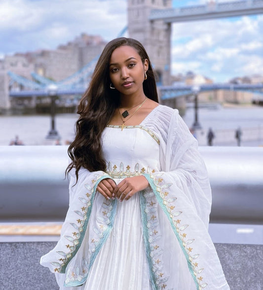 Elegant White Habesha Dress for Women - Ethiopian Traditional Dress with Blue & Gold Trim Bezawit