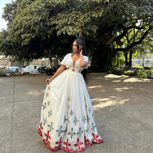Modern Ethiopian Habesha Dress for Women - Stylish Cultural Attire with Geometric Design Bezawit