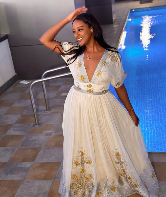 Elegant Habesha Dress for Women - Modern Ethiopian Attire with Gold & Silver Trim Bezawit