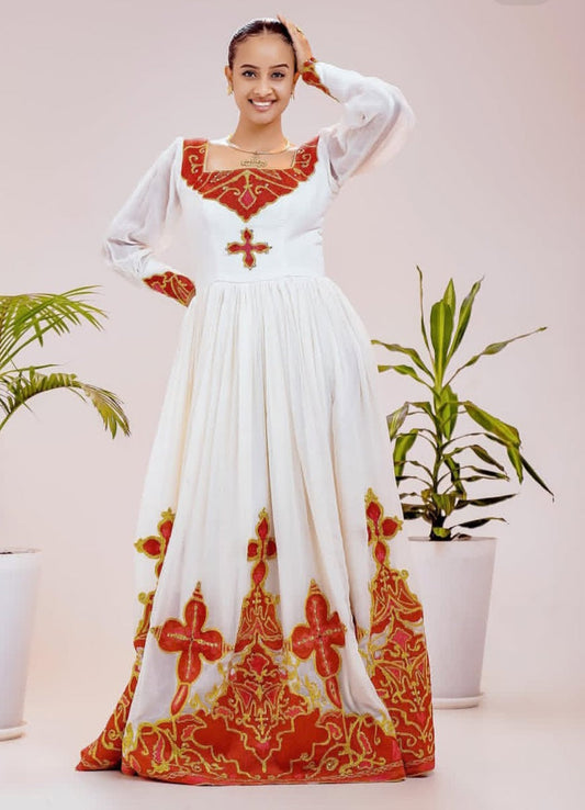 Handwoven Habesha Zuria - Traditional Ethiopian Dress with Red & Gold Details Bezawit