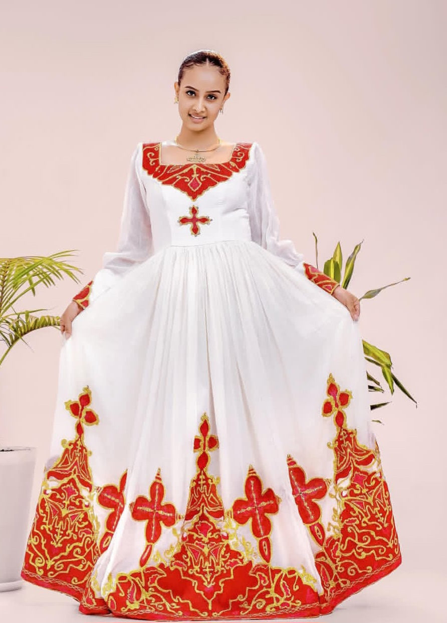Handwoven Habesha Zuria - Traditional Ethiopian Dress with Red & Gold Details Bezawit