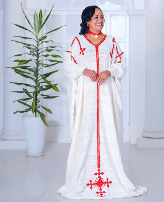 Elegant Habesha Kemis for Women - Traditional Ethiopian Dress with Red Embroidery Bezawit