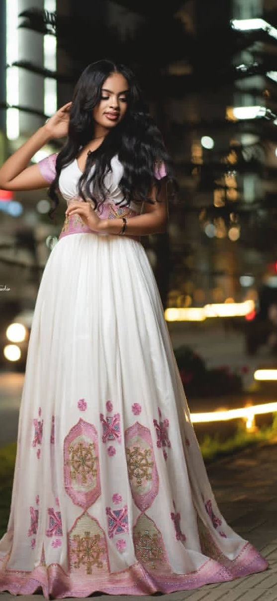 Stylish Modern Habesha Dress - Ethiopian Traditional Attire with Pink Embroidery Bezawit
