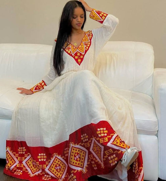 Classic Habesha Dress for Women - Traditional Ethiopian Attire with Red & Yellow Border Bezawit