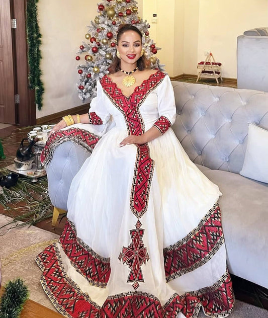 Traditional Ethiopian Habesha Kemis - Elegant White Dress with Red & Black Design Bezawit