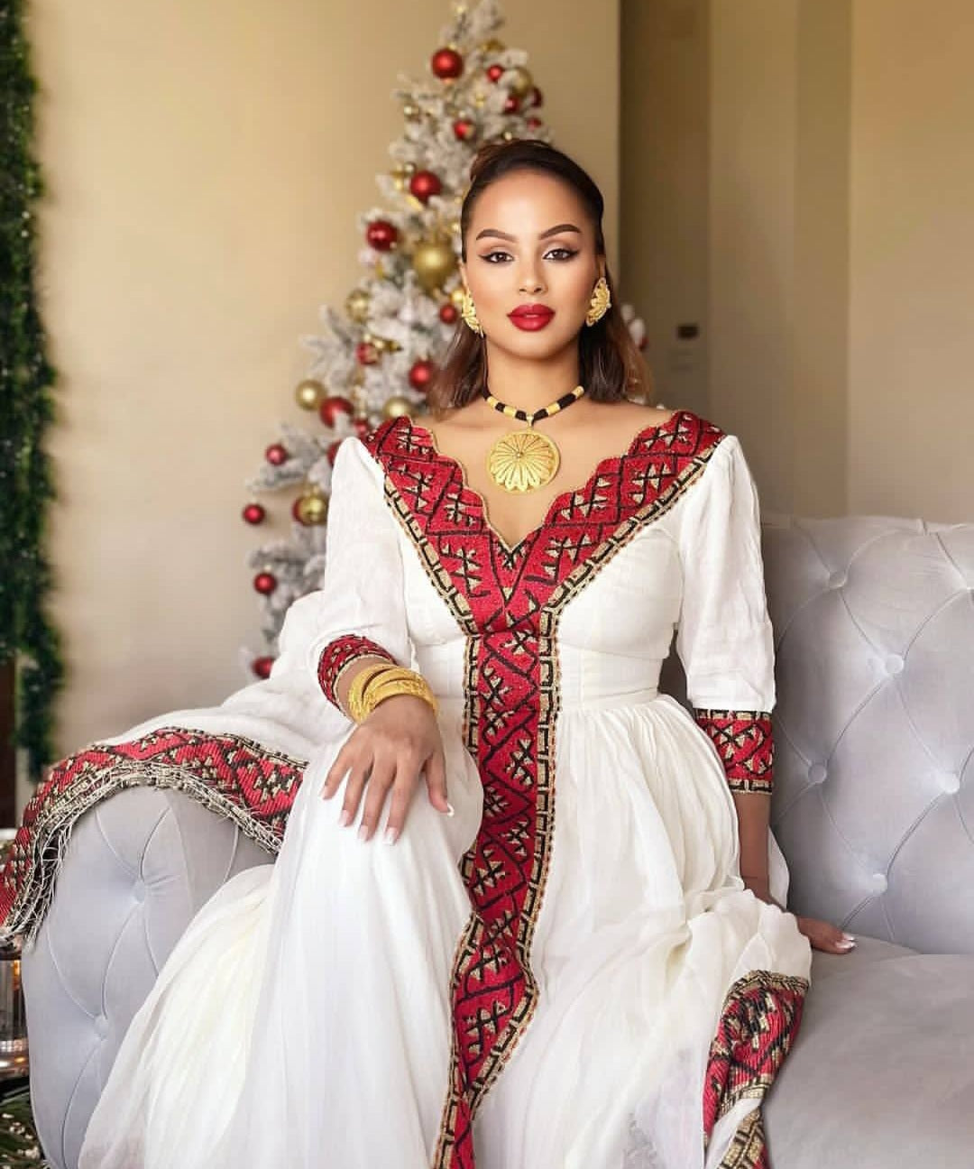 Traditional Ethiopian Habesha Kemis - Elegant White Dress with Red & Black Design Bezawit