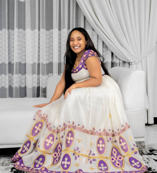 Elegant Habesha Kemis - Traditional Ethiopian Dress with Purple & Gold Embroidery Bezawit