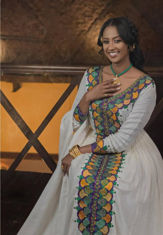 Vibrant Ethiopian Habesha Dress - Traditional Zuria with Colorful Embroidery for Women Bezawit