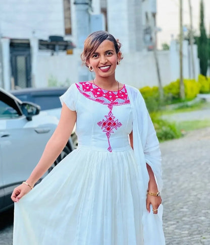 Custom Habesha Dress - White Ethiopian Zuria with Bold Pink Embroidery Bezawit