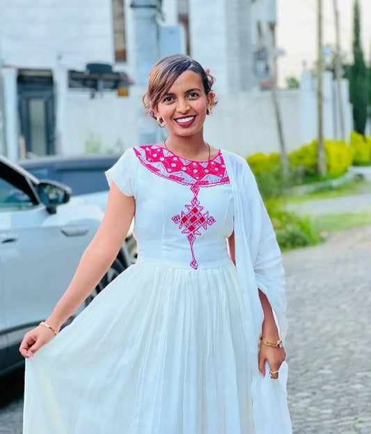 Custom Habesha Dress - White Ethiopian Zuria with Bold Pink Embroidery Bezawit
