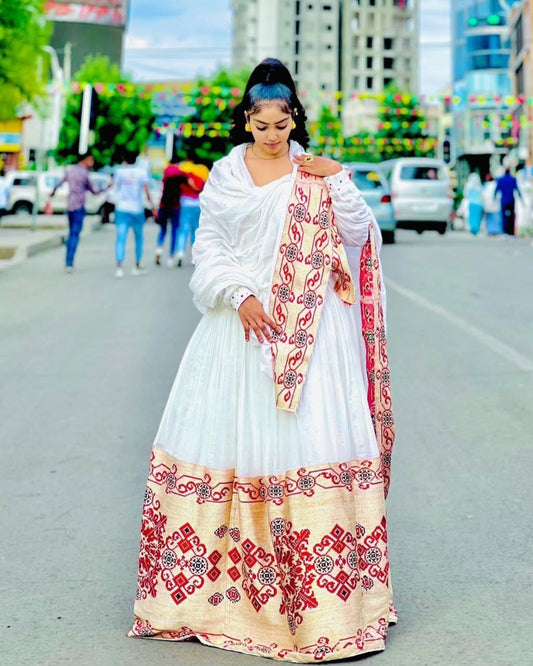 Radiant White Ethiopian Dress with Red & Gold Embroidery - Modern Habesha Zuria Bezawit