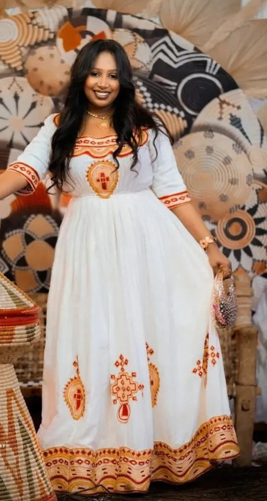 Traditional White Habesha Kemis with Red & Gold Trim - Classic Ethiopian Dress Bezawit